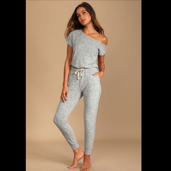 Express Pants - Express Off the Shoulder Heathered Lounge Jumpsuit